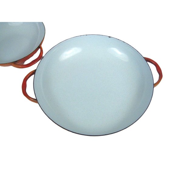 Set of 3 MCM Enamel Nesting Sauté Pans Orange Mid Century Modern CHIPS - Picture 11 of 13